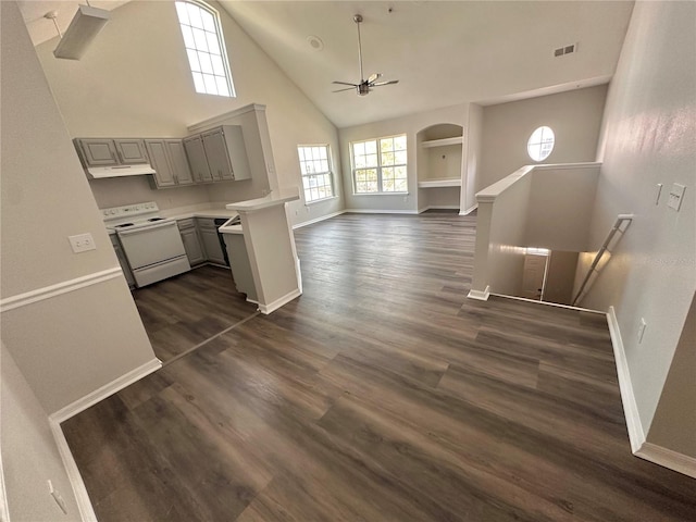 kitchen featuring visible vents, gray cabinets, dark wood finished floors, white range with electric stovetop, and ceiling fan