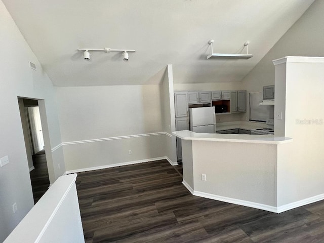 kitchen with electric range, dark wood-style flooring, gray cabinets, and freestanding refrigerator