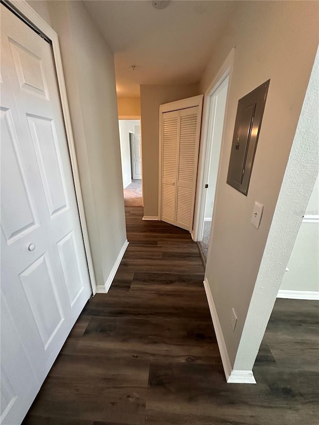 corridor featuring electric panel, dark wood-type flooring, and baseboards