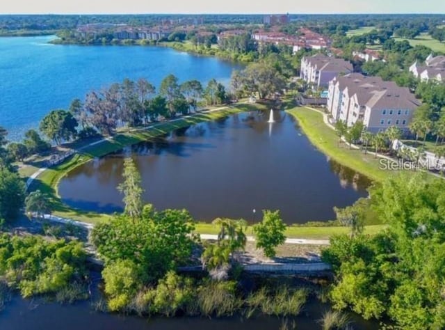 drone / aerial view featuring a water view