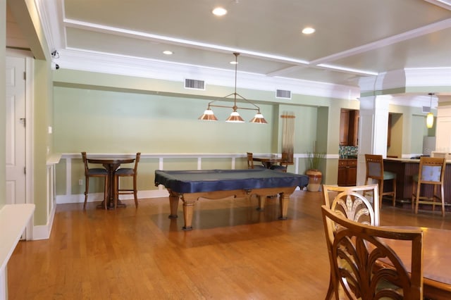 playroom featuring billiards, wood finished floors, visible vents, and coffered ceiling