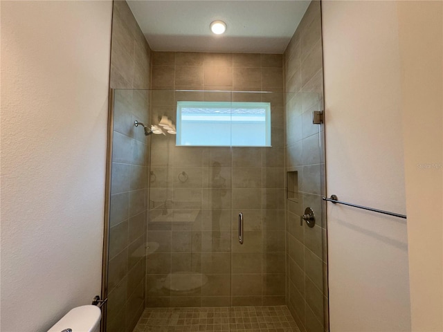 full bathroom featuring toilet and a shower stall