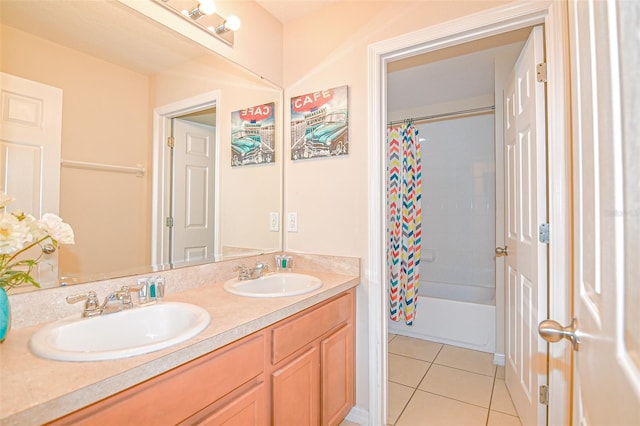 full bathroom with tile patterned flooring, double vanity, shower / bathtub combination with curtain, and a sink