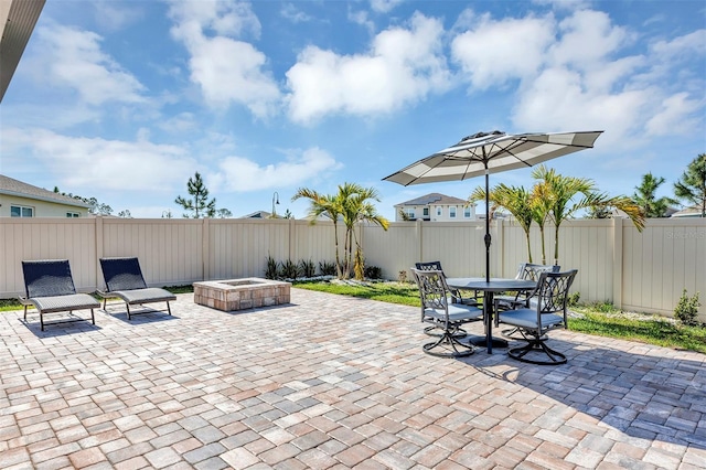 view of patio / terrace featuring a fenced backyard and an outdoor fire pit