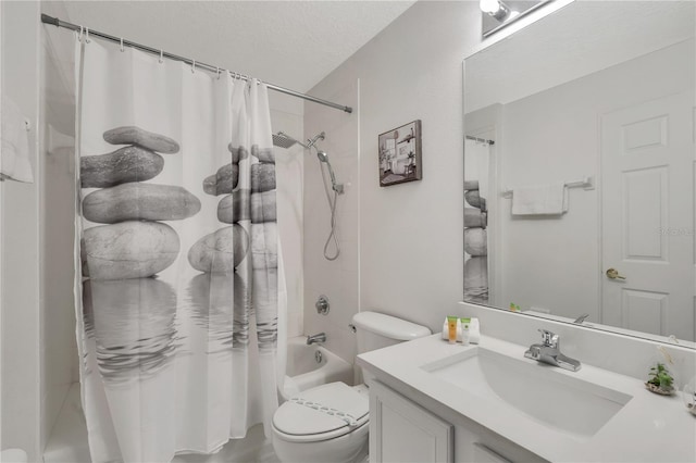 bathroom featuring vanity, shower / bath combination with curtain, toilet, and a textured ceiling