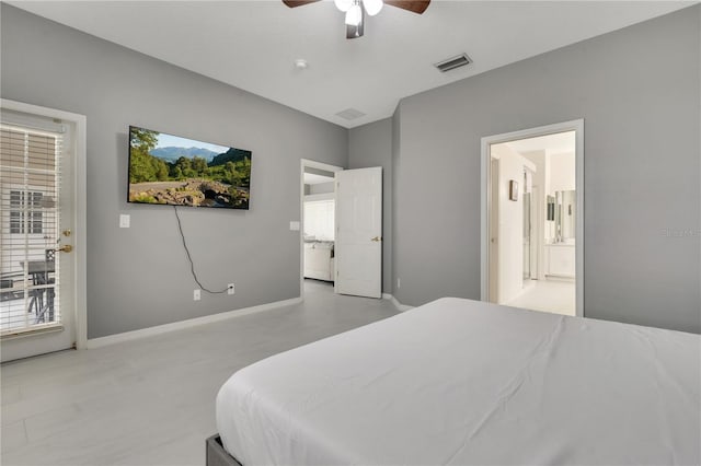 bedroom with multiple windows, baseboards, visible vents, and connected bathroom