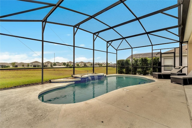 outdoor pool with glass enclosure, a lawn, a jacuzzi, and a patio area