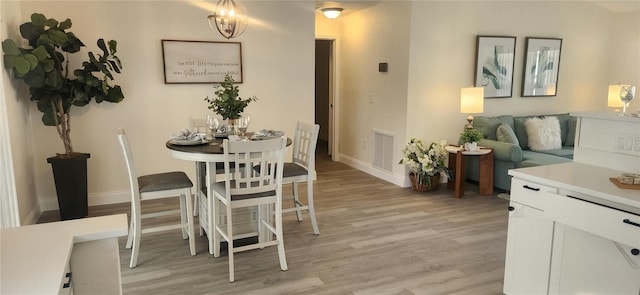 dining space featuring visible vents, baseboards, and light wood-style floors