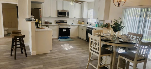 kitchen featuring a wealth of natural light, appliances with stainless steel finishes, light countertops, and light wood finished floors