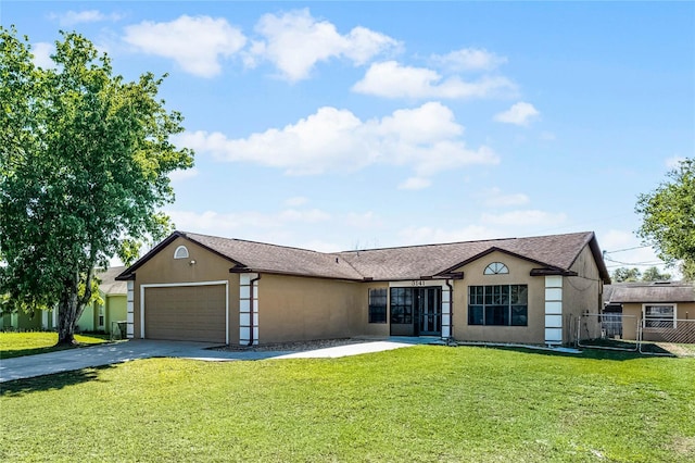 ranch-style house featuring stucco siding, driveway, a front lawn, fence, and an attached garage