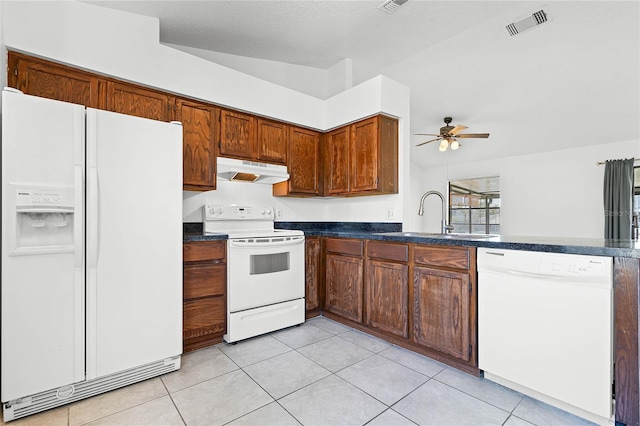 kitchen with visible vents, under cabinet range hood, a sink, white appliances, and ceiling fan