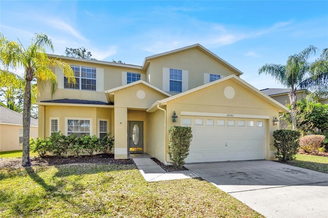 traditional-style house featuring stucco siding, a front lawn, concrete driveway, and a garage