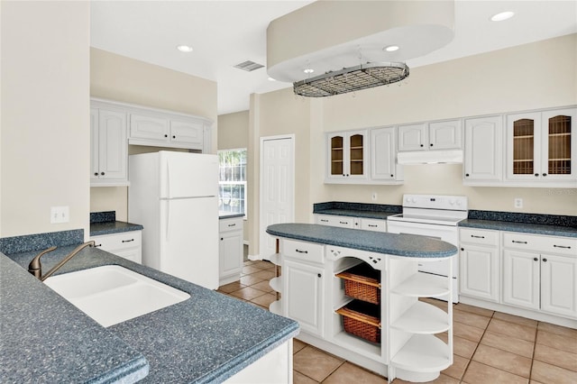 kitchen featuring white appliances, visible vents, open shelves, a sink, and under cabinet range hood