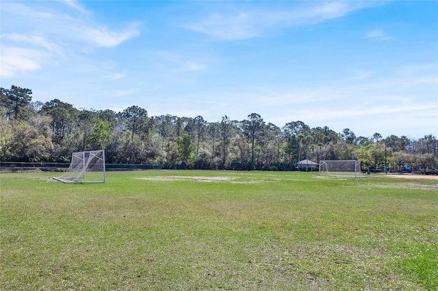 view of yard featuring a forest view