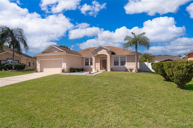 single story home with fence, concrete driveway, a front yard, stucco siding, and an attached garage