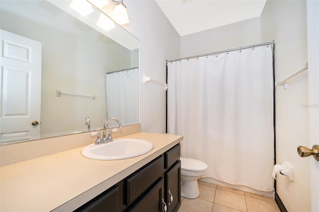 bathroom with tile patterned flooring, a shower with shower curtain, toilet, and vanity