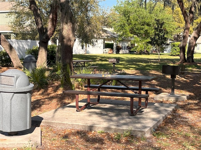 view of community featuring a lawn and fence