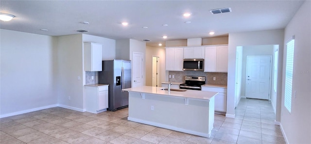 kitchen with decorative backsplash, white cabinets, appliances with stainless steel finishes, and light countertops