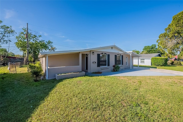 single story home featuring stucco siding, a front lawn, and fence