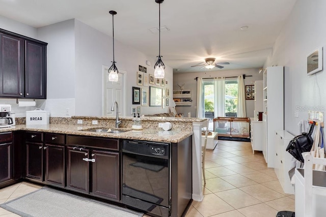 kitchen with a peninsula, light tile patterned flooring, a sink, dishwasher, and open floor plan