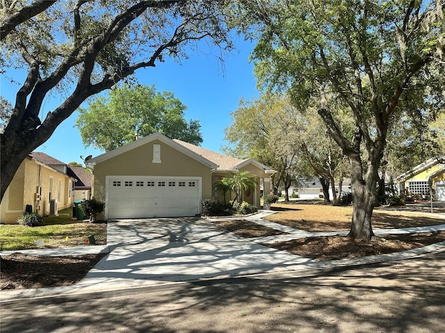 single story home featuring concrete driveway, a garage, and stucco siding