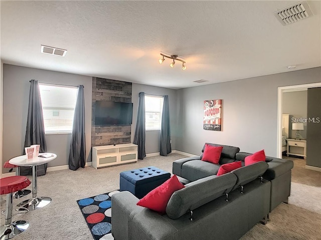 living room with light colored carpet and visible vents