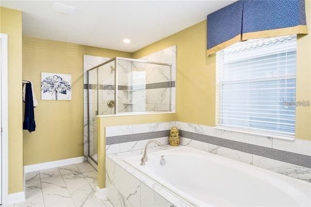 bathroom featuring a garden tub, marble finish floor, a stall shower, recessed lighting, and baseboards