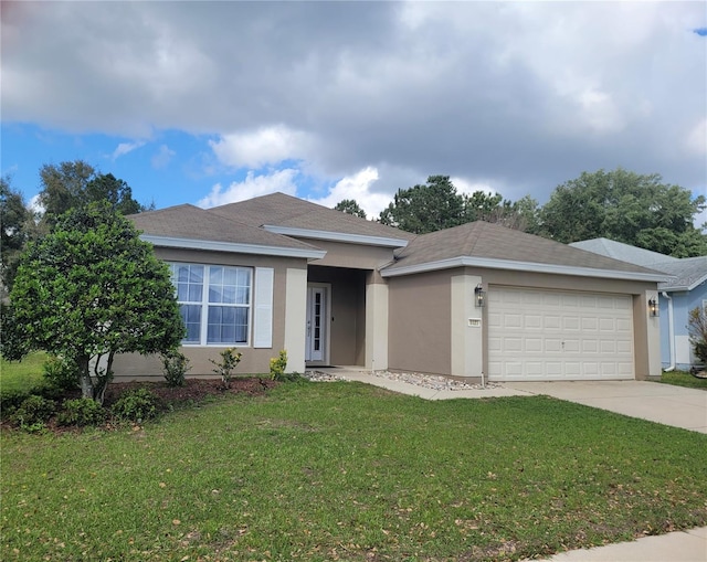 ranch-style home with a garage, concrete driveway, a front lawn, and stucco siding