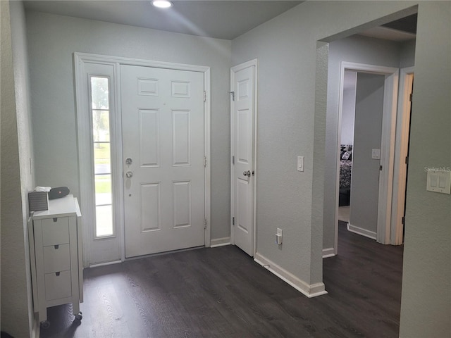 foyer entrance featuring plenty of natural light, dark wood-style floors, and baseboards