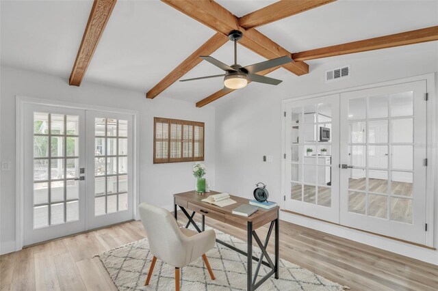 116 E Cottesmore Cir, Longwood, FL 32779 - office featuring french doors, wood finished floors, vaulted ceiling with beams, and visible vents