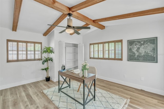 116 E Cottesmore Cir, Longwood, FL 32779 - home office featuring vaulted ceiling with beams, wood finished floors, ceiling fan, and baseboards