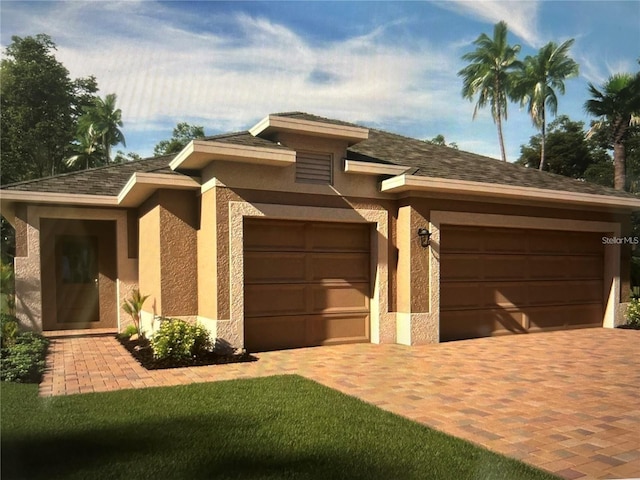 prairie-style house featuring stucco siding, decorative driveway, and an attached garage