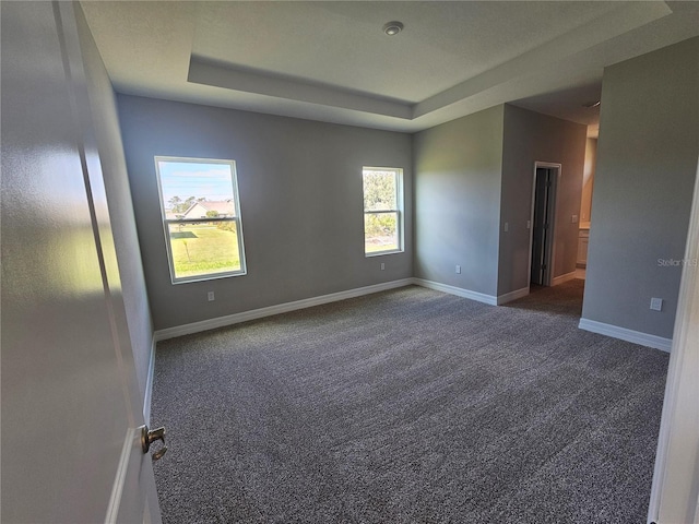 carpeted spare room with a raised ceiling and baseboards