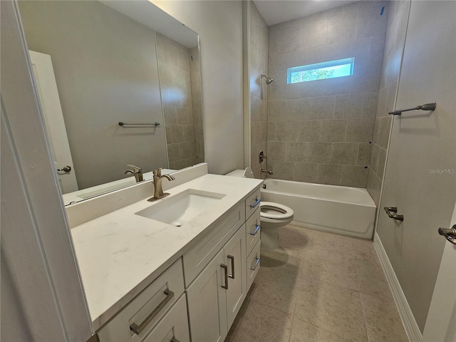 bathroom featuring toilet, vanity, baseboards, and washtub / shower combination