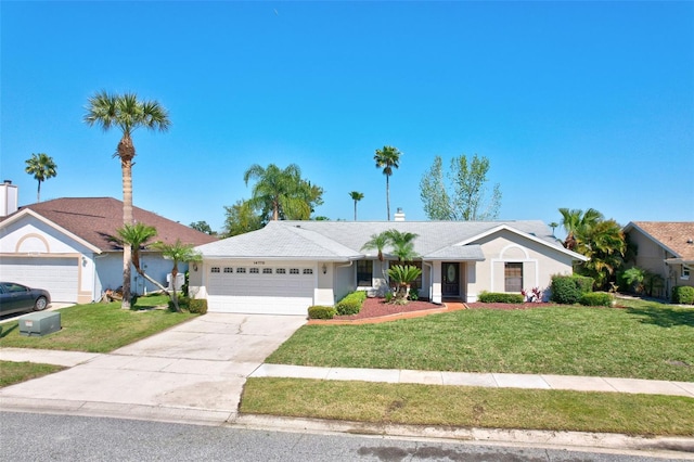 view of front of property featuring stucco siding, driveway, a front yard, and a garage