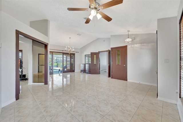 unfurnished room with baseboards, lofted ceiling, french doors, a textured ceiling, and ceiling fan with notable chandelier