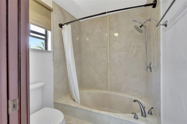 full bath featuring toilet and a combined bath / shower with marble appearance