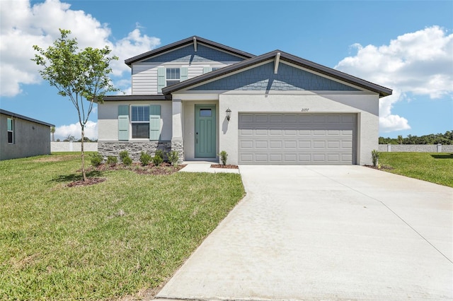 craftsman-style house with a front lawn, stone siding, concrete driveway, an attached garage, and stucco siding