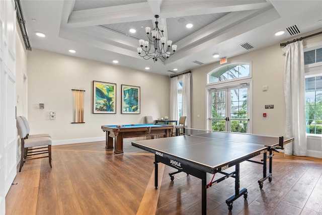 playroom featuring pool table, wood-type flooring, visible vents, and coffered ceiling