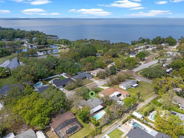 drone / aerial view featuring a water view