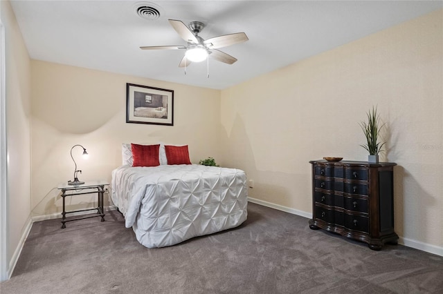 bedroom featuring a ceiling fan, carpet flooring, baseboards, and visible vents