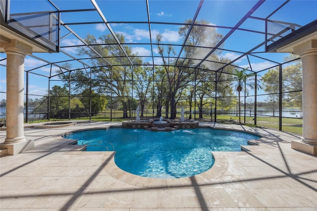 pool featuring a patio area, glass enclosure, and a hot tub