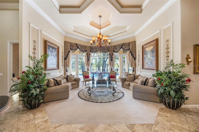 living room featuring baseboards, ornamental molding, a high ceiling, a notable chandelier, and coffered ceiling