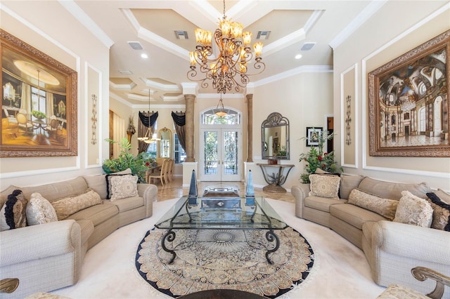 living area featuring visible vents, coffered ceiling, and ornamental molding