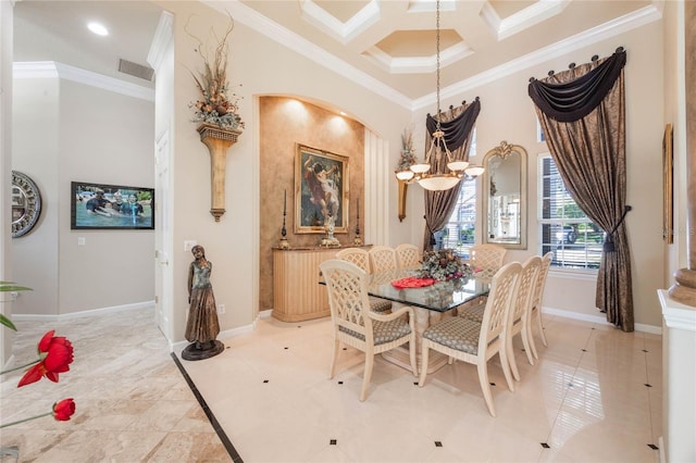 dining space featuring a chandelier, visible vents, coffered ceiling, and crown molding