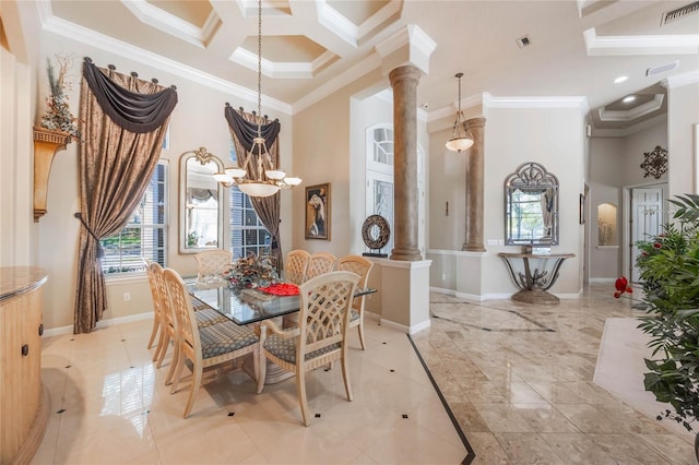 dining space featuring a high ceiling, decorative columns, baseboards, and visible vents