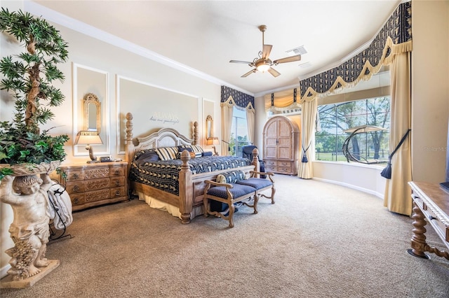 carpeted bedroom with crown molding, a ceiling fan, visible vents, and baseboards