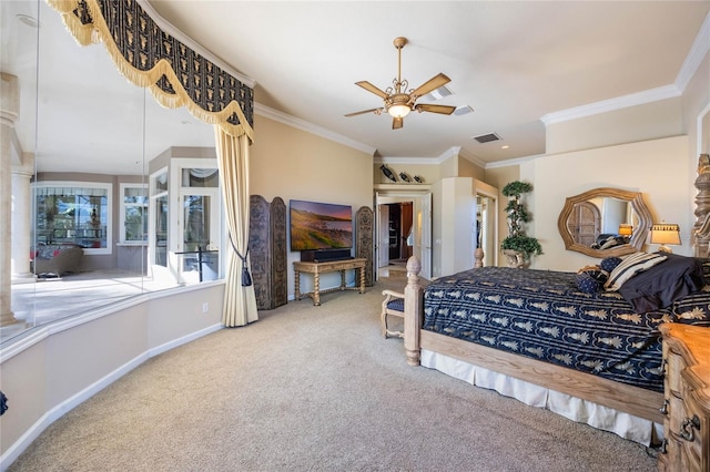 bedroom with visible vents, ceiling fan, baseboards, ornamental molding, and carpet floors