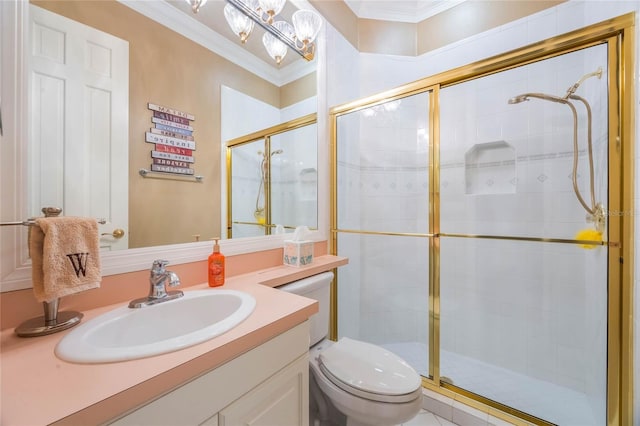 bathroom featuring a shower stall, toilet, ornamental molding, a notable chandelier, and vanity