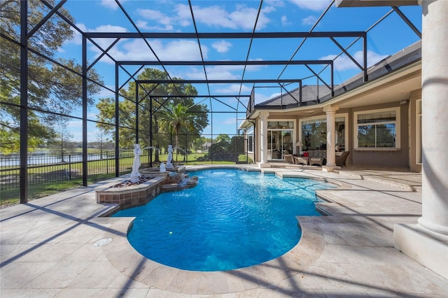 view of swimming pool with glass enclosure, a patio, a fenced in pool, and fence